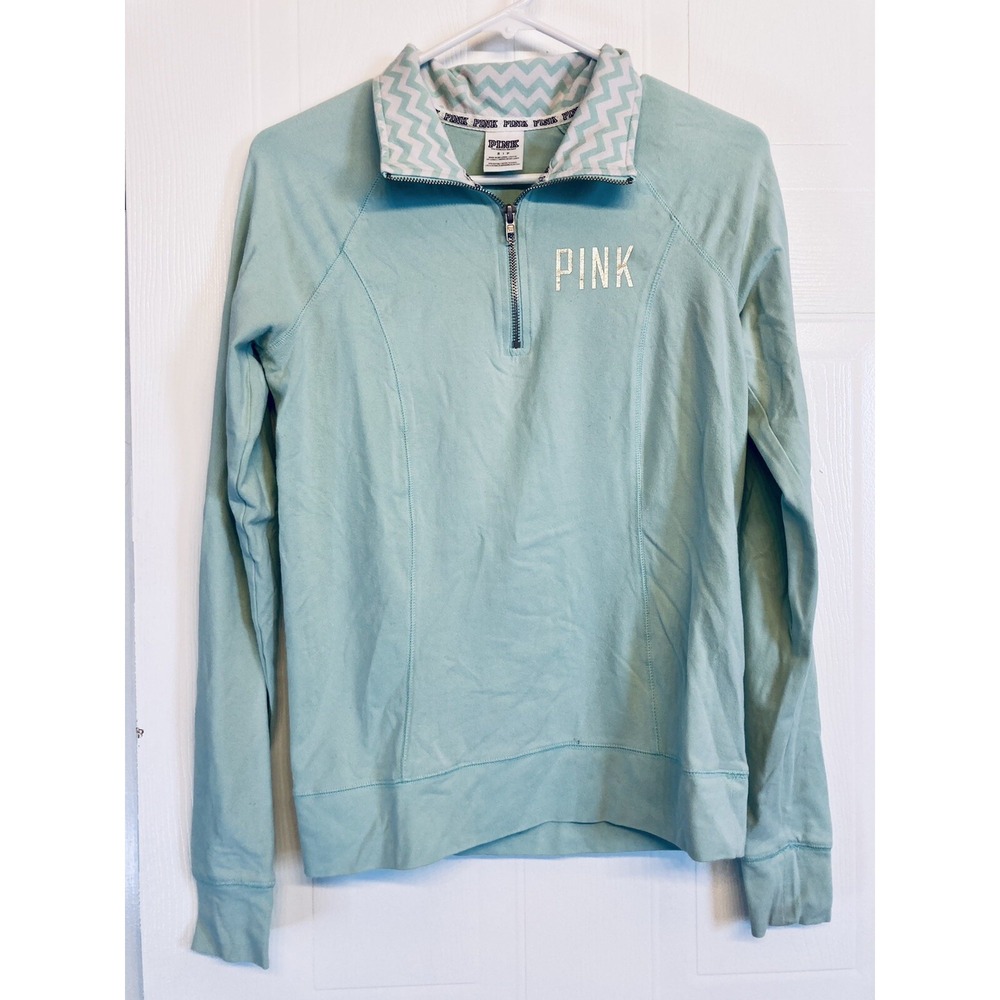 Victoria's Secret PINK Quarter Zip Pullover Mint Green Silver Logo Small